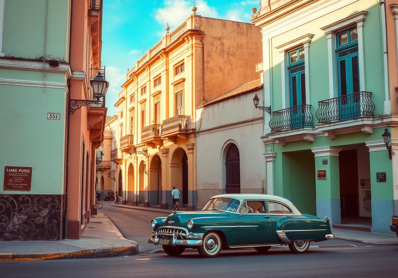 Koloniale Häuserzeile und Oldtimer in Havanna, Kuba