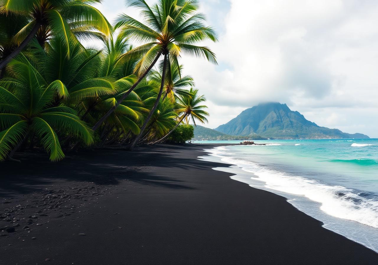 Schwarzer Sandstrand mit Palmen auf Martinique