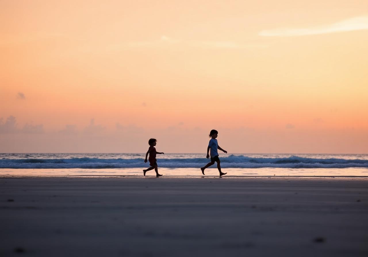 Familie am karibischen Strand im Abendlicht