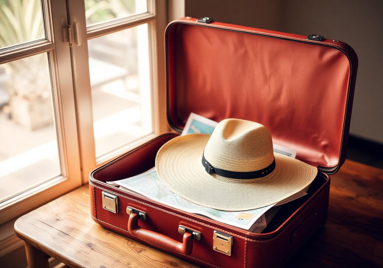 Geöffneter Reisekoffer mit Hut und Karte