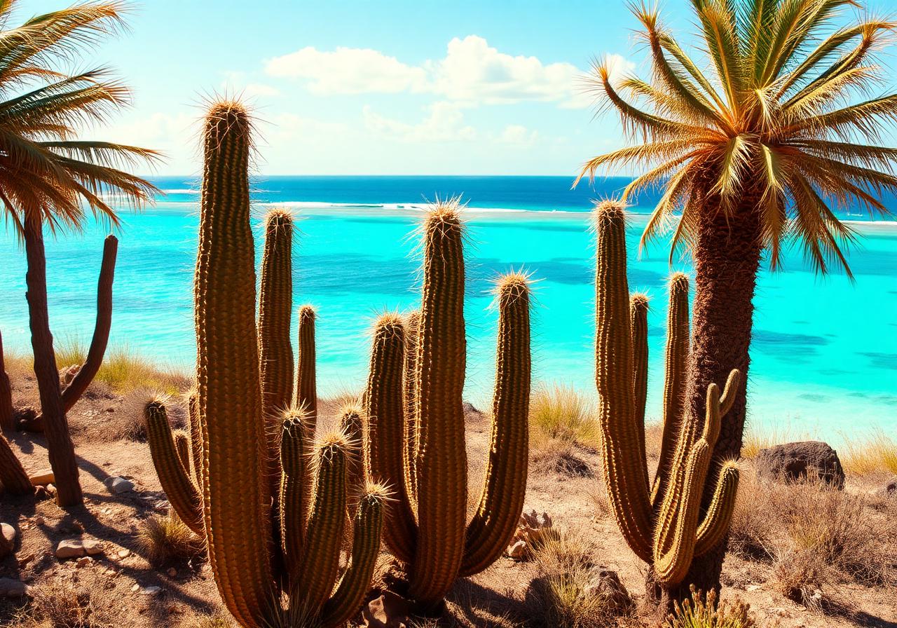Trockene Karibiklandschaft mit Kakteen und Meer
